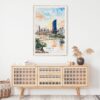 02 - Brisbane Skyline Watercolor Art Print Hanging above Shelf