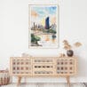 02 - Brisbane Skyline Watercolor Art Print Hanging above Shelf