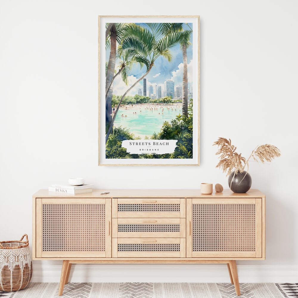 02 - Brisbane Streets Beach Watercolor Art Print Hanging above Shelf 02 - Brisbane Streets Beach Watercolor Art Print Hanging above Shelf