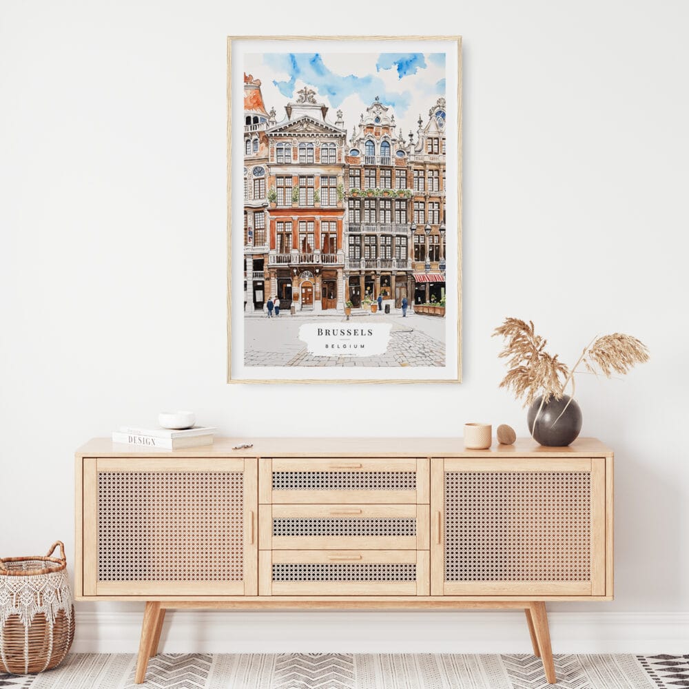 02 - Brussels Watercolor Art Print Hanging above Shelf 02 - Brussels Watercolor Art Print Hanging above Shelf