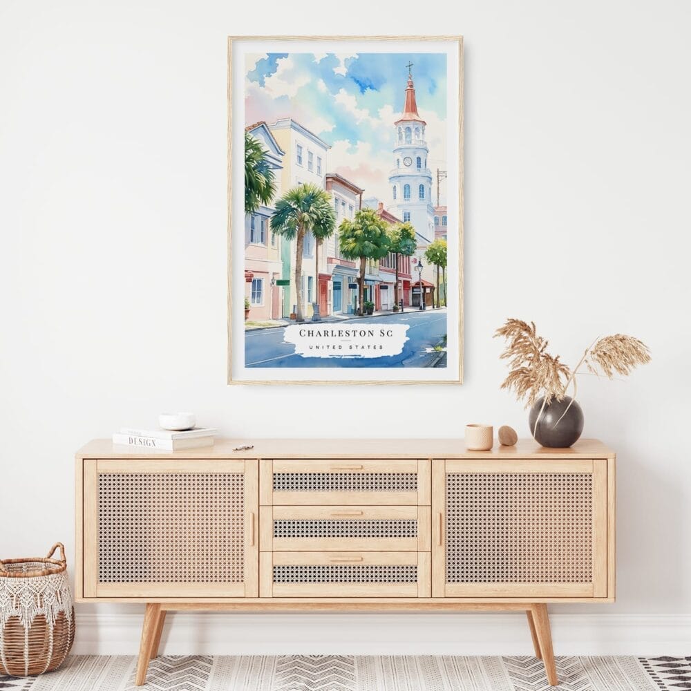 02 - Charleston SC Watercolor Art Print Hanging above Shelf 02 - Charleston SC Watercolor Art Print Hanging above Shelf