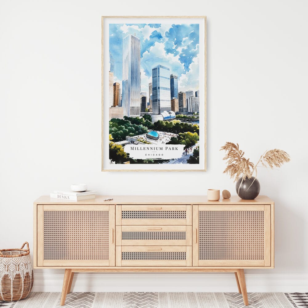 02 - Chicago Millennium Park Watercolor Art Print Hanging above Shelf 02 - Chicago Millennium Park Watercolor Art Print Hanging above Shelf