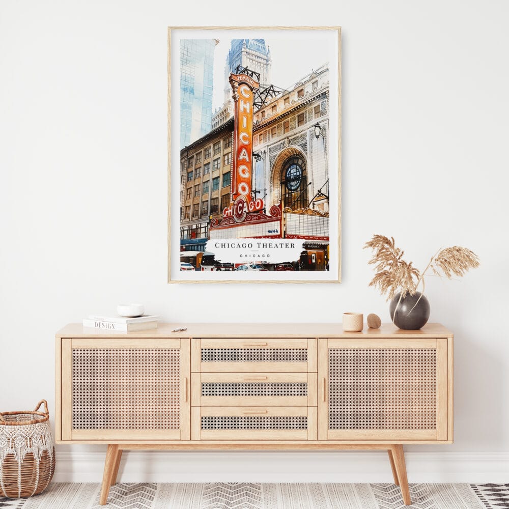 02 - Chicago Theater Watercolor Art Print Hanging above Shelf 02 - Chicago Theater Watercolor Art Print Hanging above Shelf