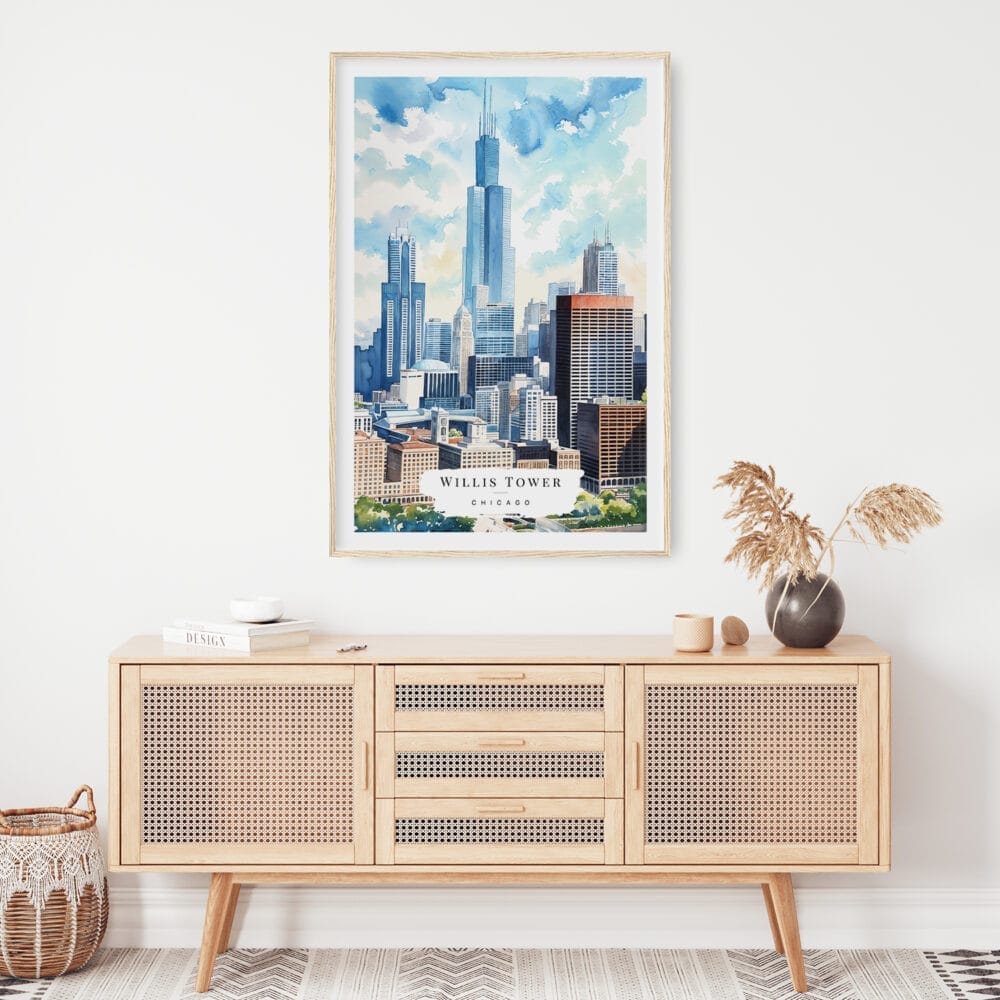 02 - Chicago Willis Tower Watercolor Art Print Hanging above Shelf 02 - Chicago Willis Tower Watercolor Art Print Hanging above Shelf