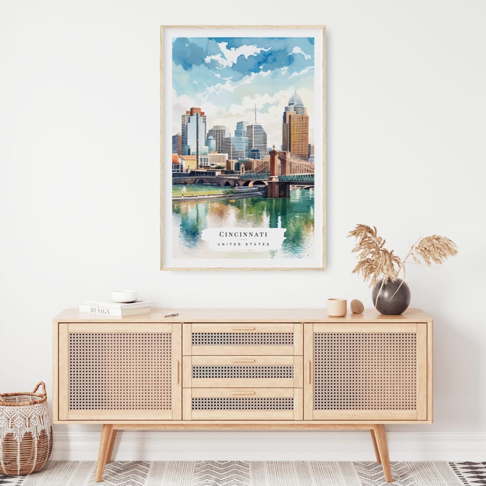 02 - Cincinnati Ohio Watercolor Art Print Hanging above Shelf 02 - Cincinnati Ohio Watercolor Art Print Hanging above Shelf