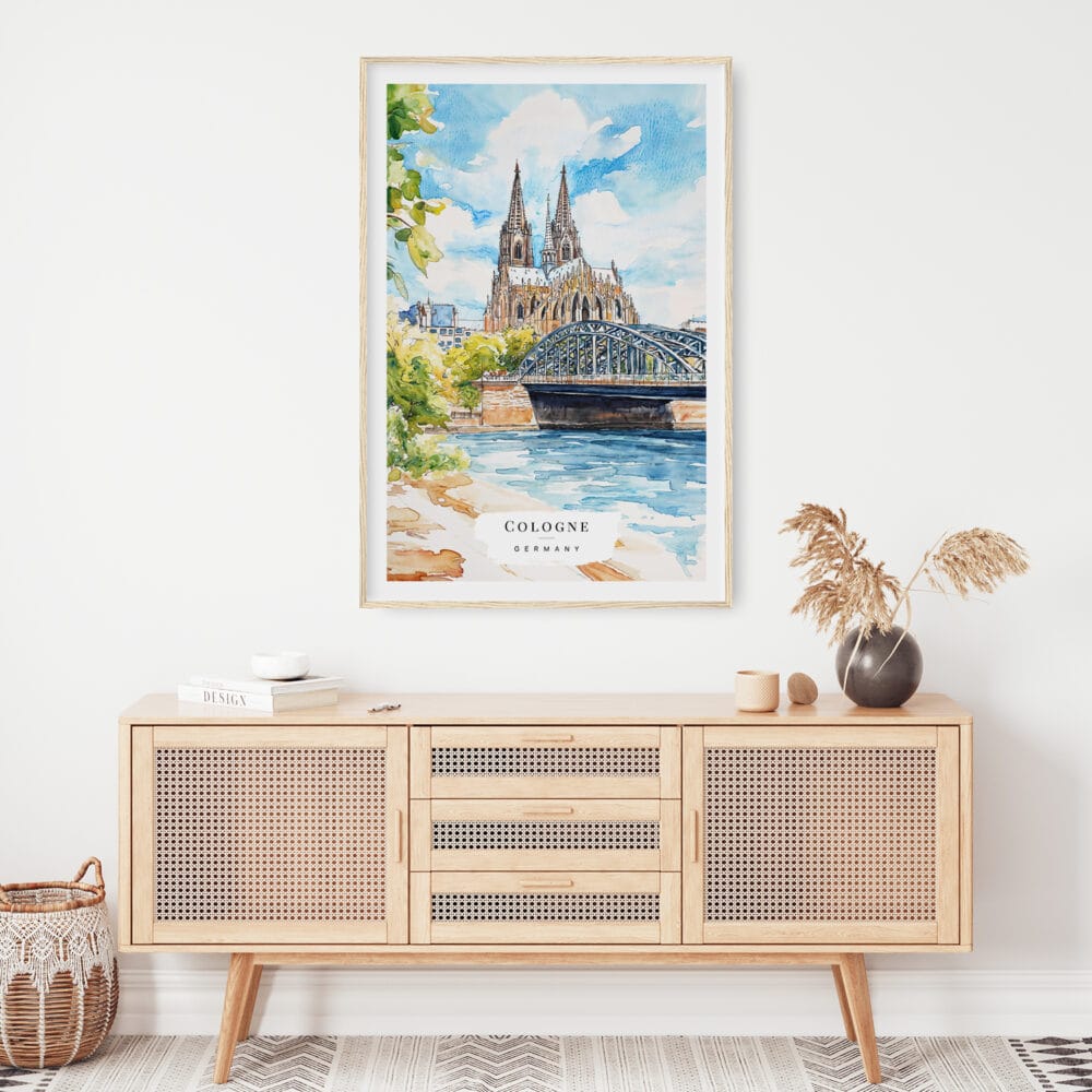 02 - Cologne Cathedral Watercolor Art Print Hanging above Shelf 02 - Cologne Cathedral Watercolor Art Print Hanging above Shelf