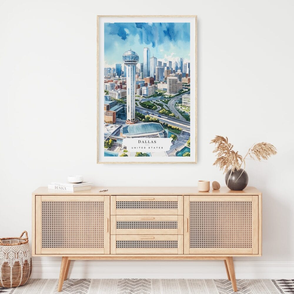 02 - Dallas Texas Watercolor Art Print Hanging above Shelf 02 - Dallas Texas Watercolor Art Print Hanging above Shelf