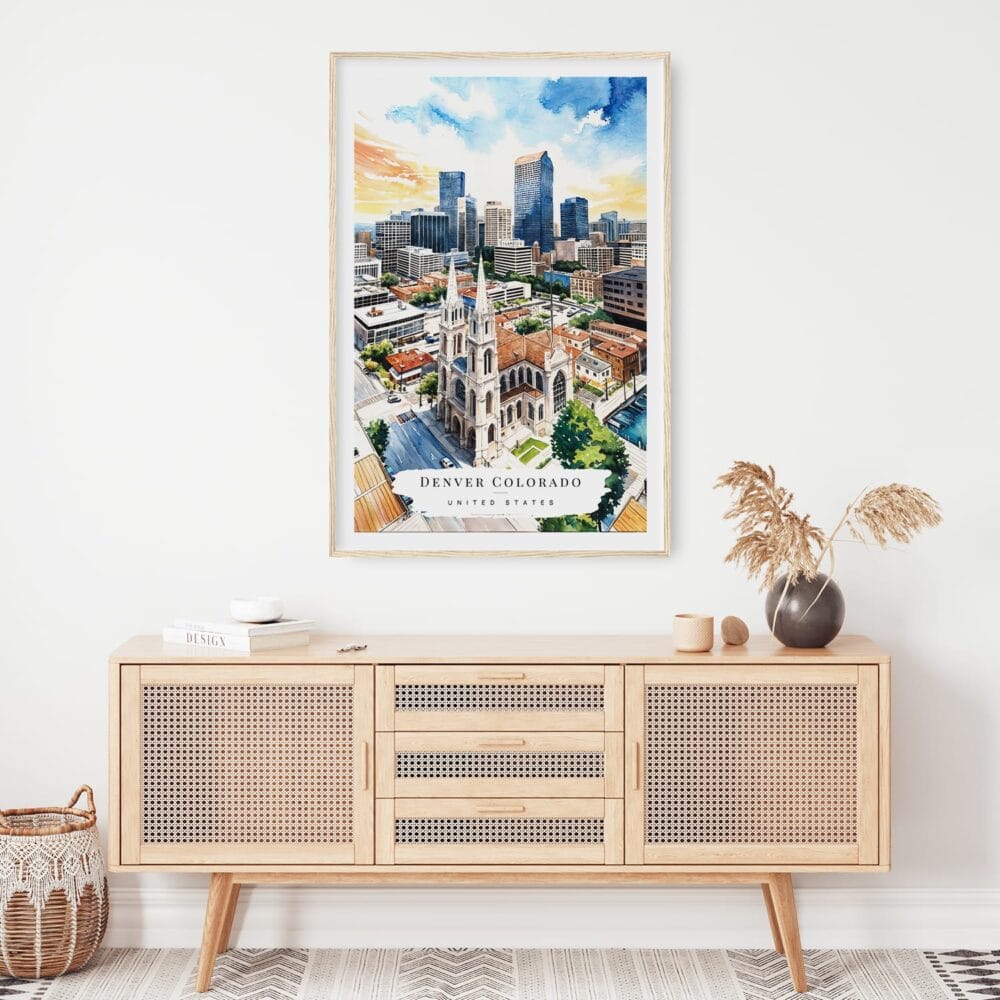 02 - Denver Colorado Skyline Watercolor Art Print Hanging above Shelf 02 - Denver Colorado Skyline Watercolor Art Print Hanging above Shelf