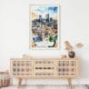 02 - Denver Colorado Skyline Watercolor Art Print Hanging above Shelf