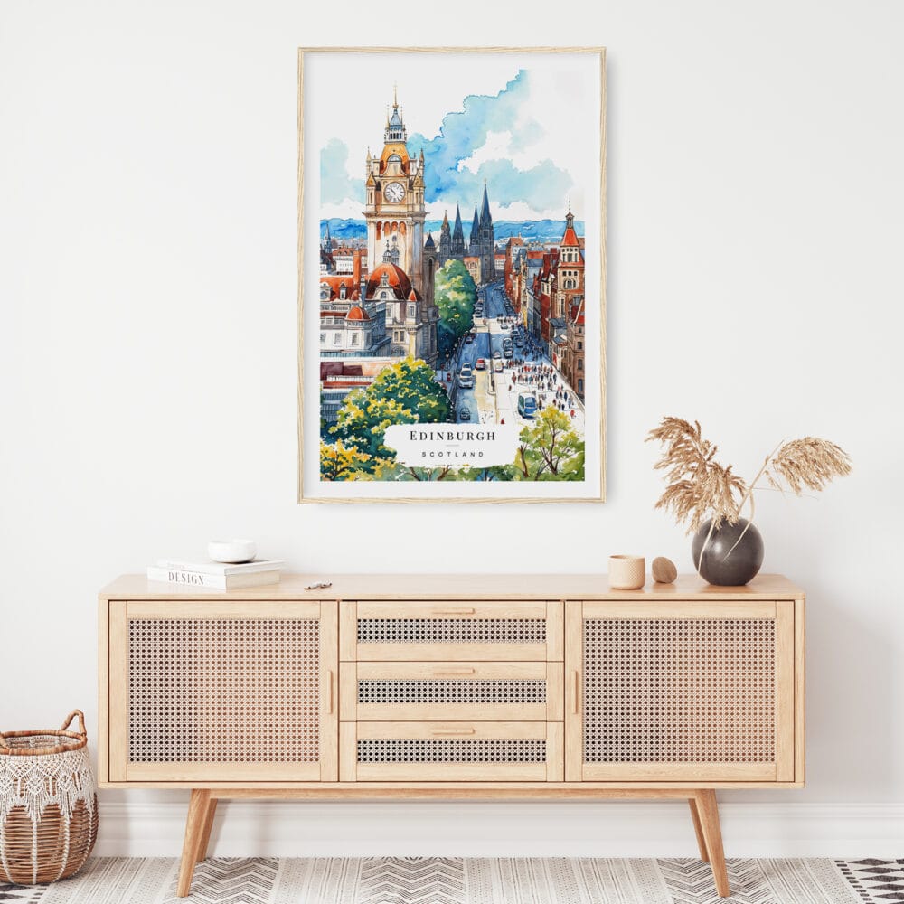 02 - Edinburgh Skyline Watercolor Art Print Hanging above Shelf 02 - Edinburgh Skyline Watercolor Art Print Hanging above Shelf