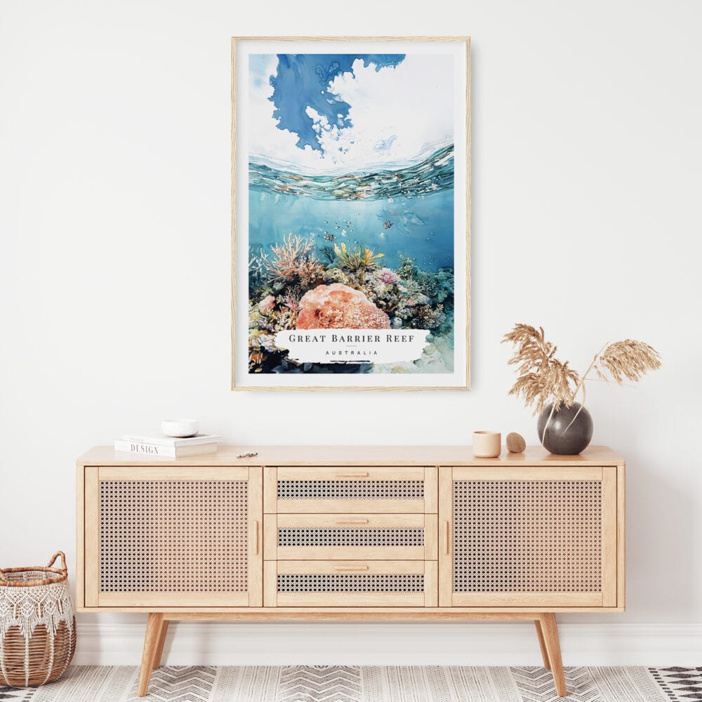 02 - Great Barrier Reef Watercolor Art Print Hanging above Shelf 02 - Great Barrier Reef Watercolor Art Print Hanging above Shelf