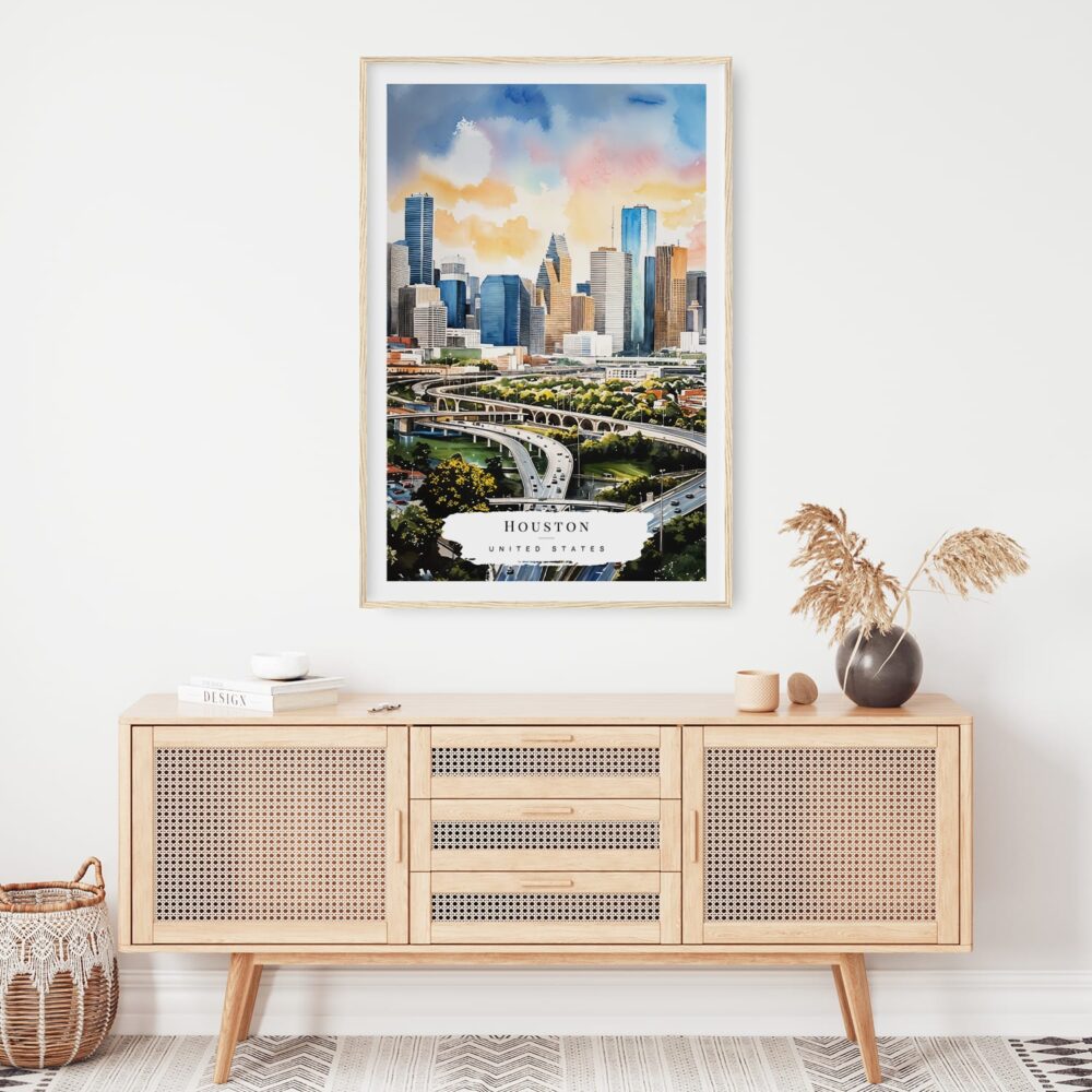 02 - Houston Texas Watercolor Art Print Hanging above Shelf 02 - Houston Texas Watercolor Art Print Hanging above Shelf