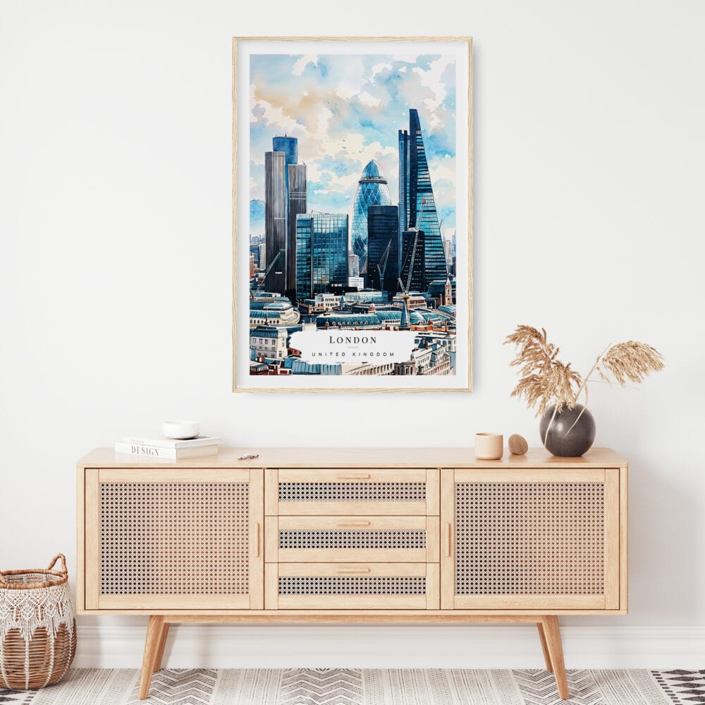 02 - London Business Skyline Watercolor Art Print Hanging above Shelf 02 - London Business Skyline Watercolor Art Print Hanging above Shelf