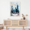 02 - London Business Skyline Watercolor Art Print Hanging above Shelf