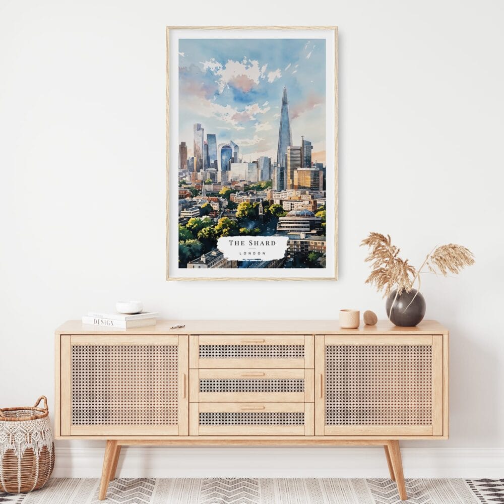 02 - London The Shard Watercolor Art Print Hanging above Shelf 02 - London The Shard Watercolor Art Print Hanging above Shelf