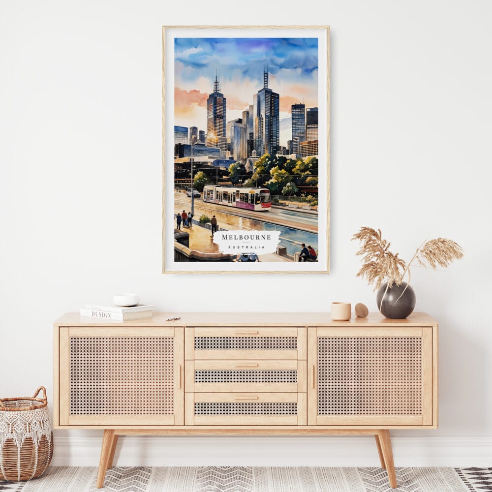 02 - Melbourne Watercolor Art Print Hanging above Shelf 02 - Melbourne Watercolor Art Print Hanging above Shelf
