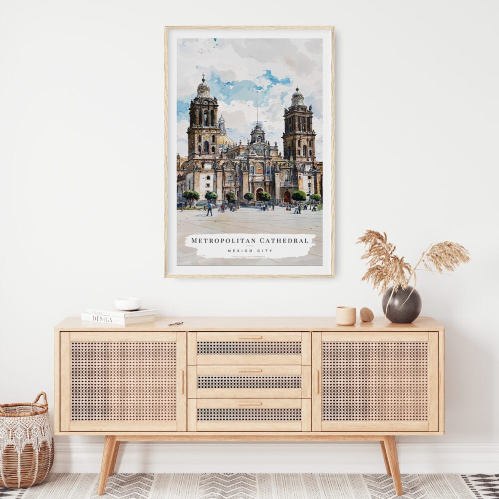 02 - Mexico Metropolitan Cathedral Watercolor Art Print Hanging above Shelf 02 - Mexico Metropolitan Cathedral Watercolor Art Print Hanging above Shelf