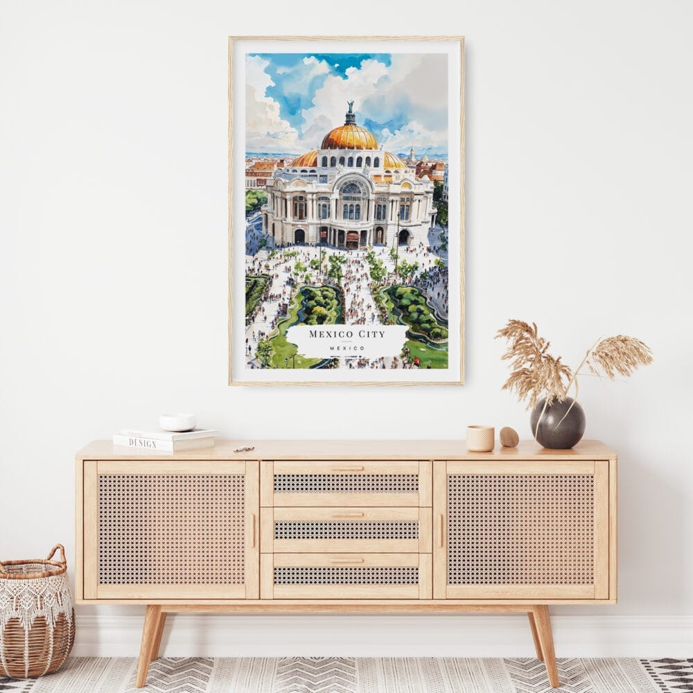 02 - Mexico Palacio de Bellas Artes Watercolor Art Print Hanging above Shelf 02 - Mexico Palacio de Bellas Artes Watercolor Art Print Hanging above Shelf