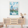 02 - Milwaukee Skyline Watercolor Art Print Hanging above Shelf