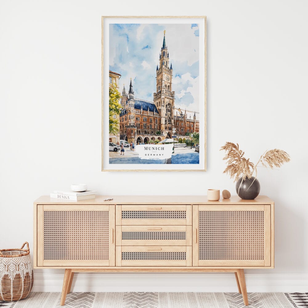 02 - Munich Marienplatz Watercolor Art Print Hanging above Shelf 02 - Munich Marienplatz Watercolor Art Print Hanging above Shelf