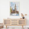 02 - Munich Marienplatz Watercolor Art Print Hanging above Shelf