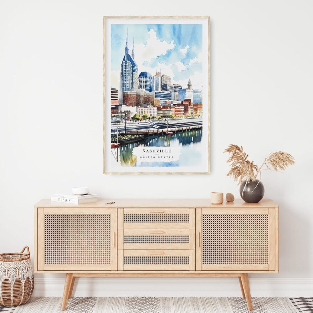 02 - Nashville Skyline Watercolor Art Print Hanging above Shelf 02 - Nashville Skyline Watercolor Art Print Hanging above Shelf