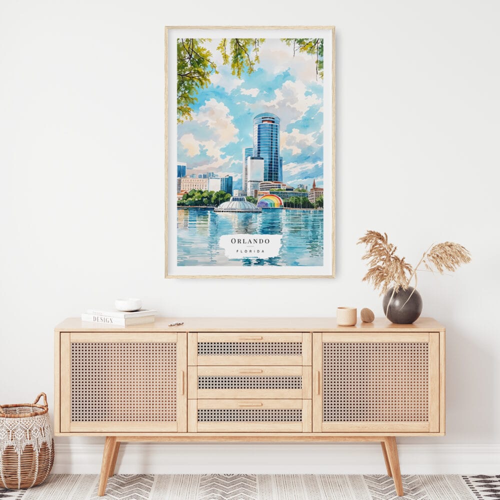 02 - Orlando Florida Watercolor Art Print Hanging above Shelf 02 - Orlando Florida Watercolor Art Print Hanging above Shelf