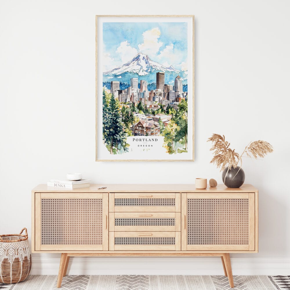 02 - Portland Oregon Watercolor Art Print Hanging above Shelf 02 - Portland Oregon Watercolor Art Print Hanging above Shelf