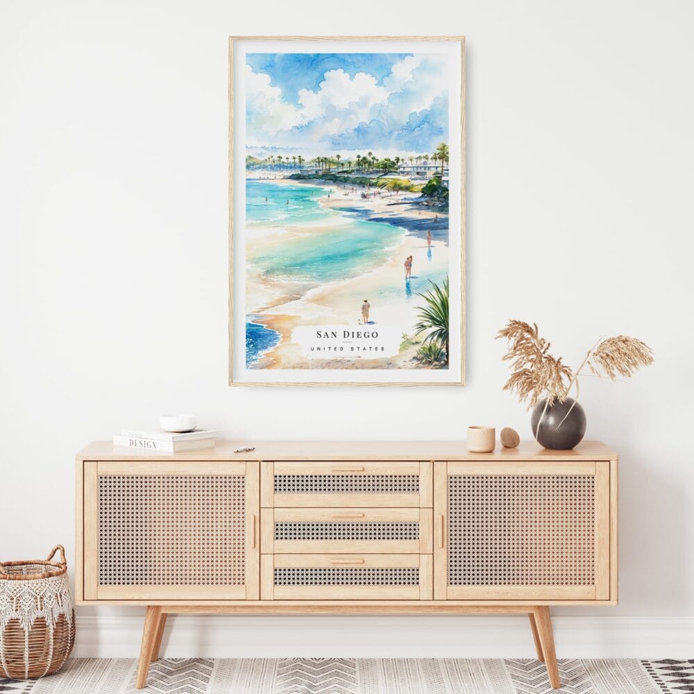 02 - San Diego Beach Watercolor Art Print Hanging above Shelf 02 - San Diego Beach Watercolor Art Print Hanging above Shelf