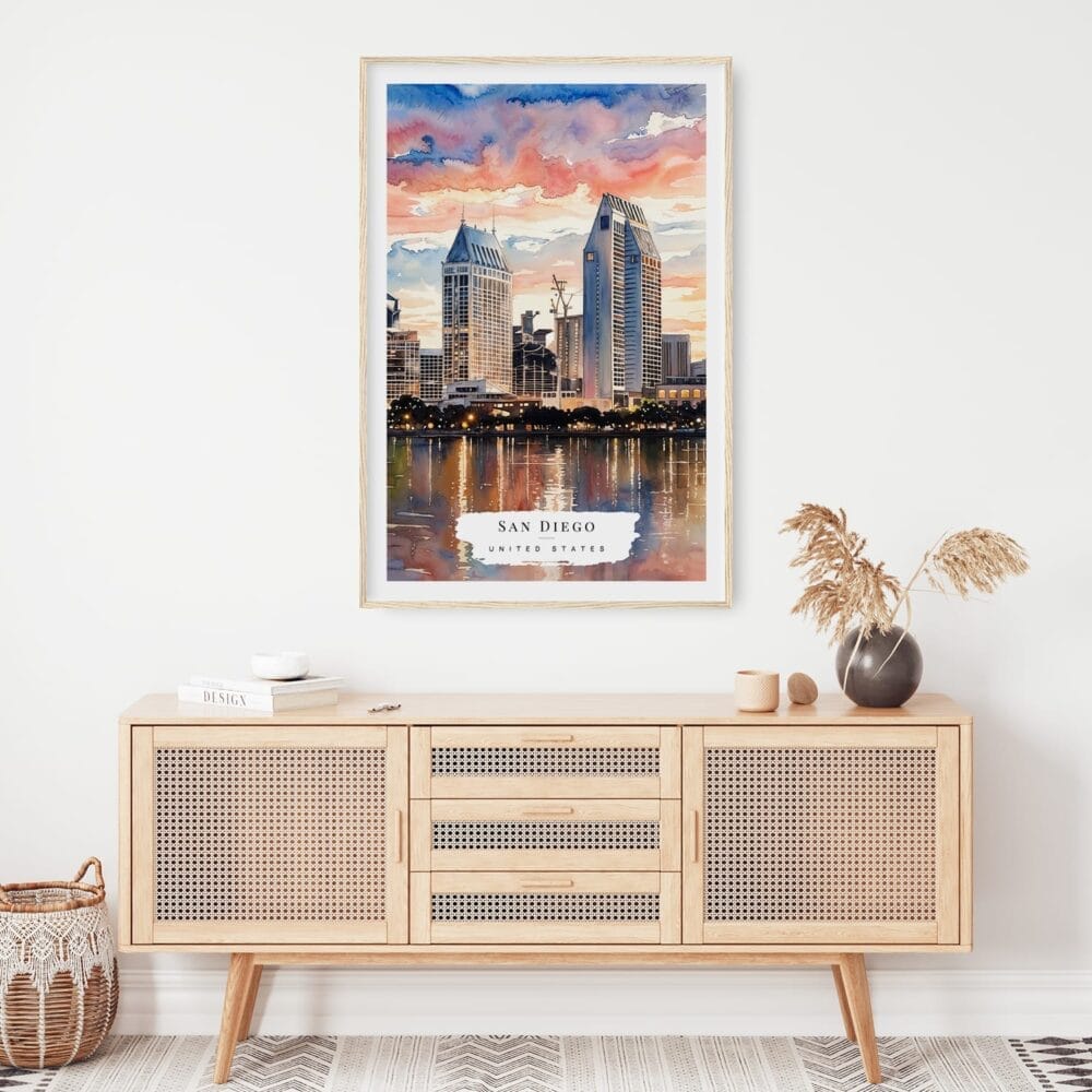 02 - San Diego Skyline Watercolor Art Print Hanging above Shelf 02 - San Diego Skyline Watercolor Art Print Hanging above Shelf