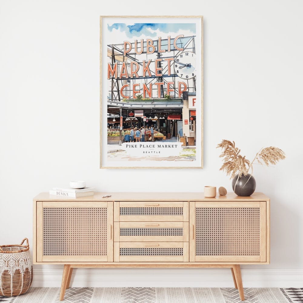 02 - Seattle Pike Place Market Watercolor Art Print Hanging above Shelf 02 - Seattle Pike Place Market Watercolor Art Print Hanging above Shelf