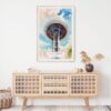 02 - Seattle Space Needle Closeup Watercolor Art Print Hanging above Shelf