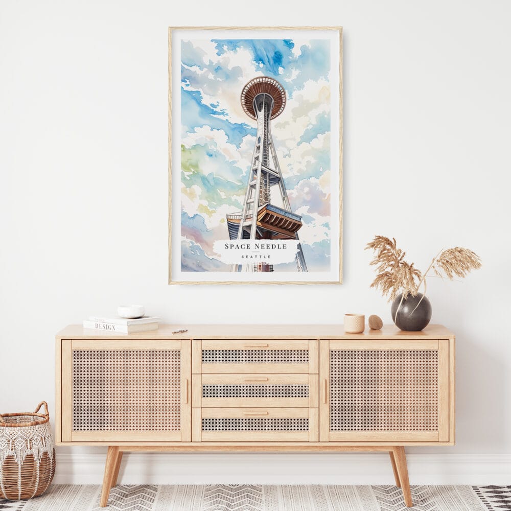 02 - Seattle Space Needle Watercolor Art Print Hanging above Shelf 02 - Seattle Space Needle Watercolor Art Print Hanging above Shelf