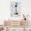 02 - Seattle Space Needle Watercolor Art Print Hanging above Shelf