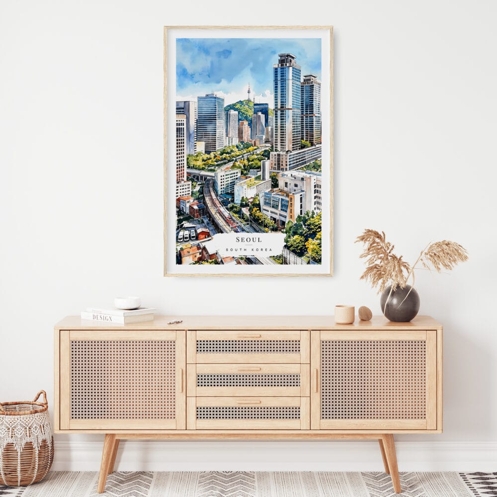 02 - Seoul Skyline Watercolor Art Print Hanging above Shelf 02 - Seoul Skyline Watercolor Art Print Hanging above Shelf