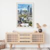 02 - Seoul Skyline Watercolor Art Print Hanging above Shelf