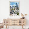 02 - Seoul Skyline Watercolor Art Print Hanging above Shelf