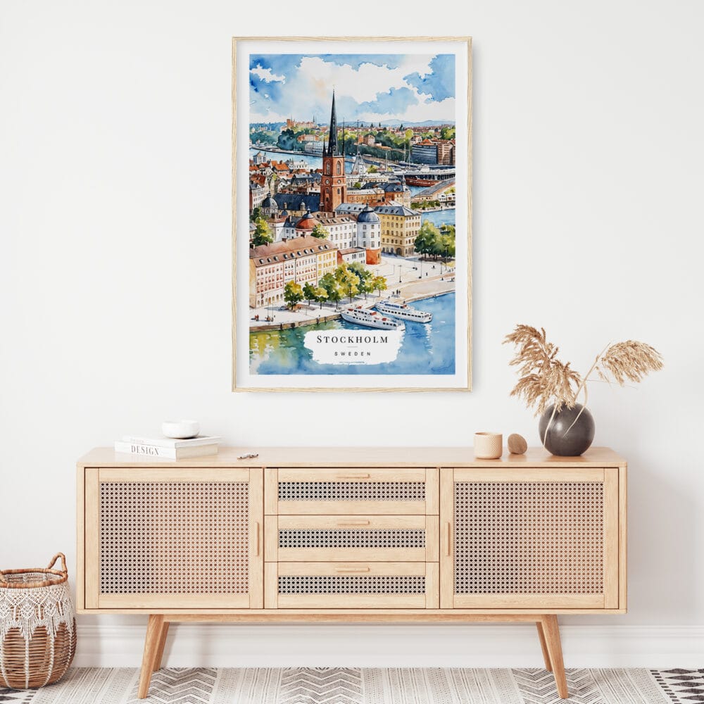 02 - Stockholm Skyline Watercolor Art Print Hanging above Shelf 02 - Stockholm Skyline Watercolor Art Print Hanging above Shelf