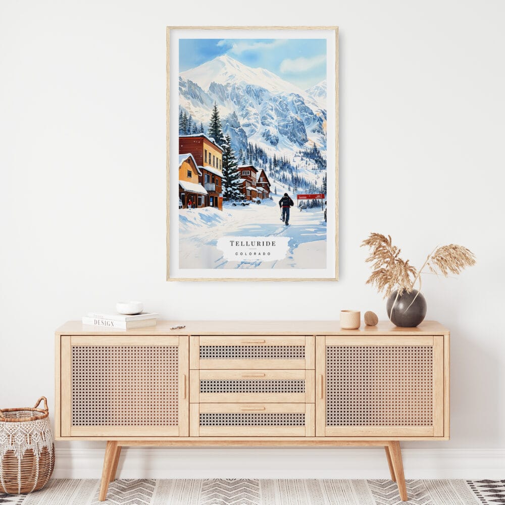 02 - Telluride Colorado Watercolor Art Print Hanging above Shelf 02 - Telluride Colorado Watercolor Art Print Hanging above Shelf