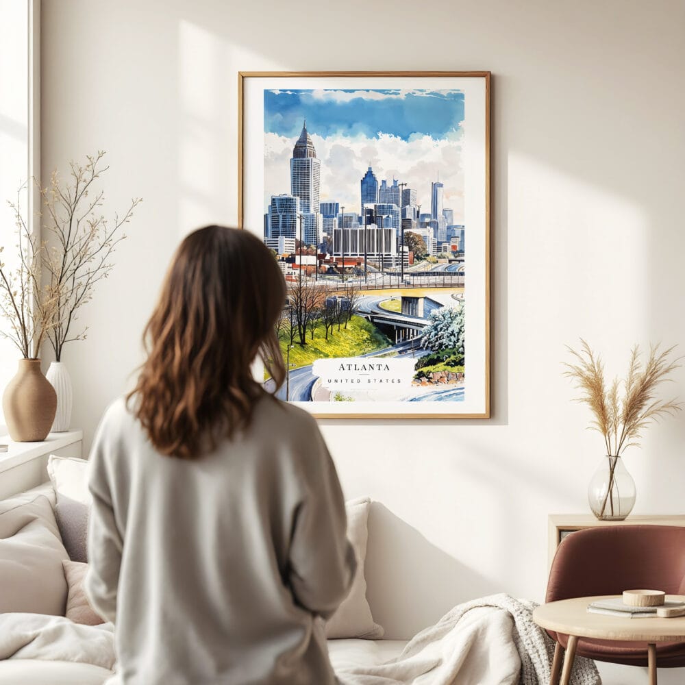 03 - Framed Atlanta Skyline Watercolor Wall Art - In Living Room with Woman Looking at it - Portrait 03 - Framed Atlanta Skyline Watercolor Wall Art - In Living Room with Woman Looking at it - Portrait