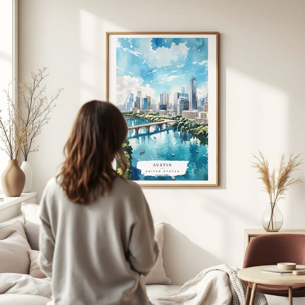 03 - Framed Austin Texas Watercolor Wall Art - In Living Room with Woman Looking at it - Portrait 03 - Framed Austin Texas Watercolor Wall Art - In Living Room with Woman Looking at it - Portrait