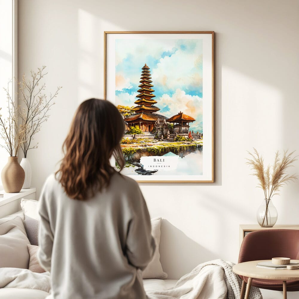 03 - Framed Bali Temple Watercolor Wall Art - In Living Room with Woman Looking at it - Portrait 03 - Framed Bali Temple Watercolor Wall Art - In Living Room with Woman Looking at it - Portrait