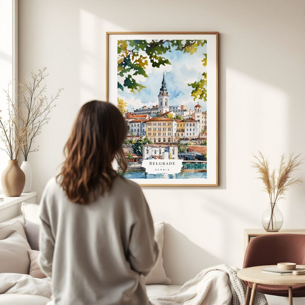03 - Framed Belgrade Watercolor Wall Art - In Living Room with Woman Looking at it - Portrait 03 - Framed Belgrade Watercolor Wall Art - In Living Room with Woman Looking at it - Portrait