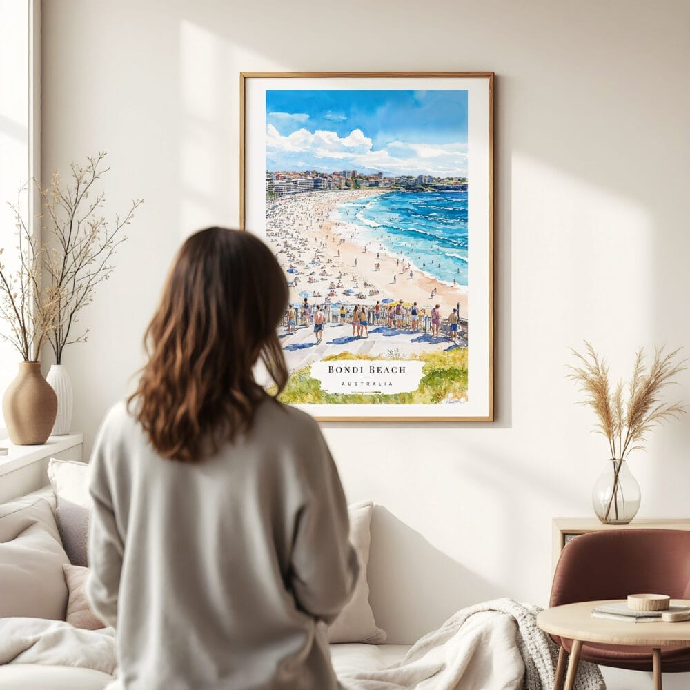 03 - Framed Bondi Beach Watercolor Wall Art - In Living Room with Woman Looking at it - Portrait 03 - Framed Bondi Beach Watercolor Wall Art - In Living Room with Woman Looking at it - Portrait