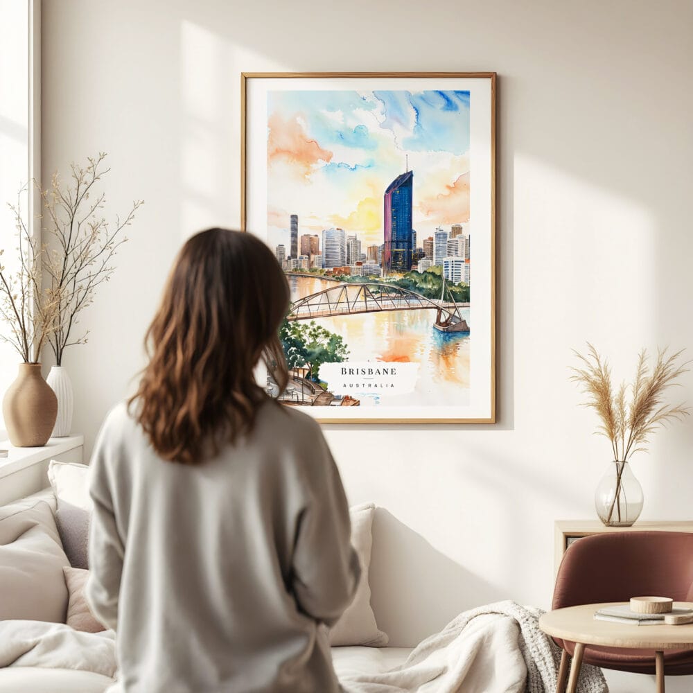 03 - Framed Brisbane Skyline Watercolor Wall Art - In Living Room with Woman Looking at it - Portrait 03 - Framed Brisbane Skyline Watercolor Wall Art - In Living Room with Woman Looking at it - Portrait