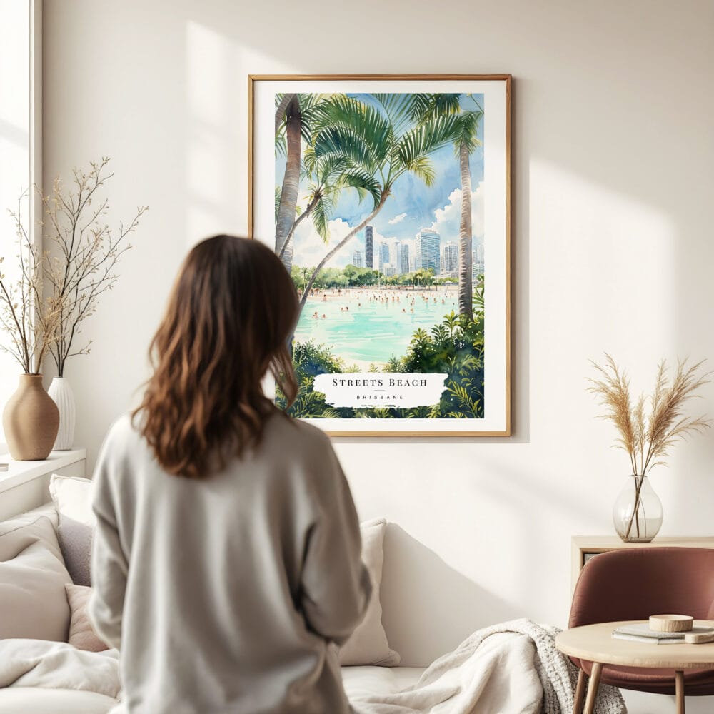 03 - Framed Brisbane Streets Beach Watercolor Wall Art - In Living Room with Woman Looking at it - Portrait 03 - Framed Brisbane Streets Beach Watercolor Wall Art - In Living Room with Woman Looking at it - Portrait
