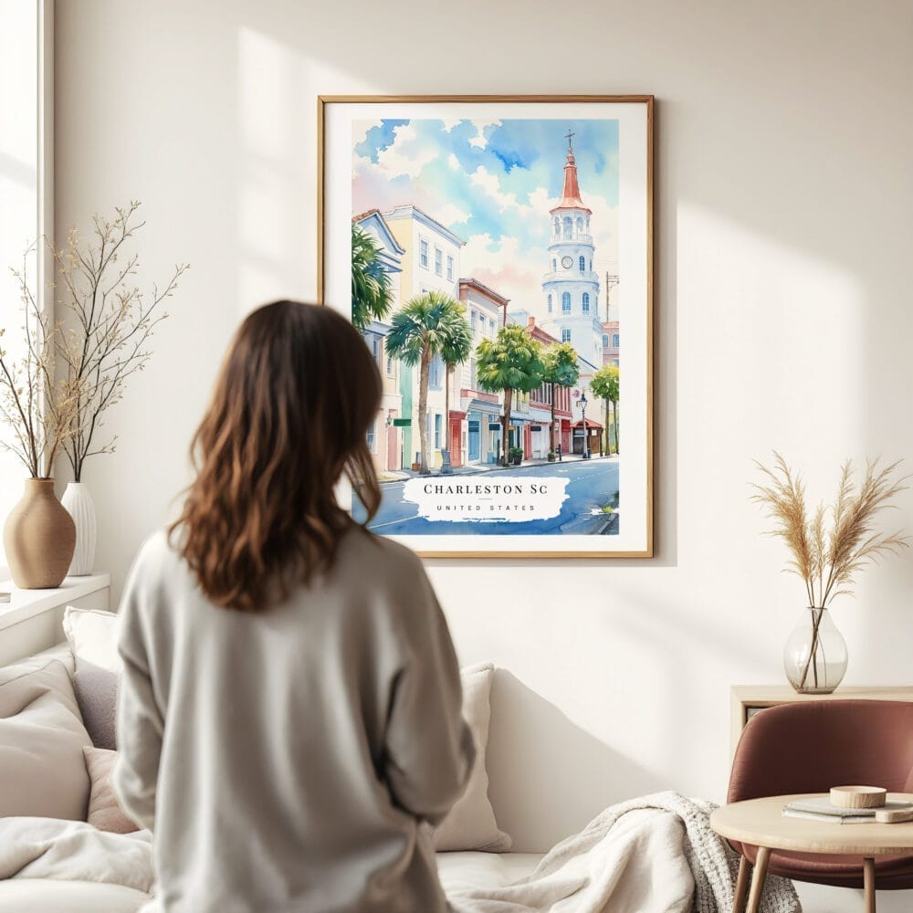 03 - Framed Charleston SC Watercolor Wall Art - In Living Room with Woman Looking at it - Portrait 03 - Framed Charleston SC Watercolor Wall Art - In Living Room with Woman Looking at it - Portrait