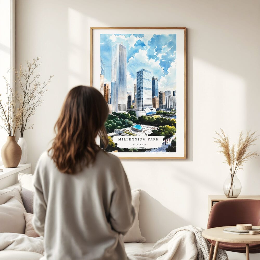 03 - Framed Chicago Millennium Park Watercolor Wall Art - In Living Room with Woman Looking at it - Portrait 03 - Framed Chicago Millennium Park Watercolor Wall Art - In Living Room with Woman Looking at it - Portrait