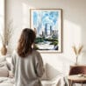 03 - Framed Chicago Millennium Park Watercolor Wall Art - In Living Room with Woman Looking at it - Portrait