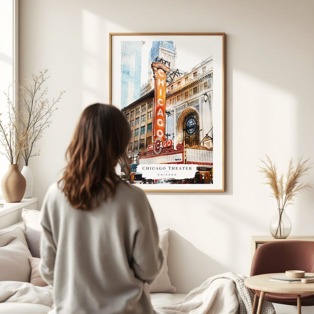 03 - Framed Chicago Theater Watercolor Wall Art - In Living Room with Woman Looking at it - Portrait 03 - Framed Chicago Theater Watercolor Wall Art - In Living Room with Woman Looking at it - Portrait